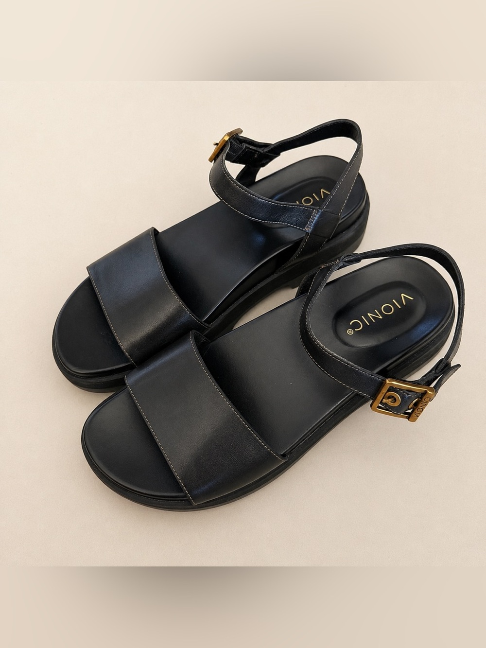 Vionic Black Platform Sandals Size 8 Comfort Footbed Gold Buckle - Picture 2 of 5
